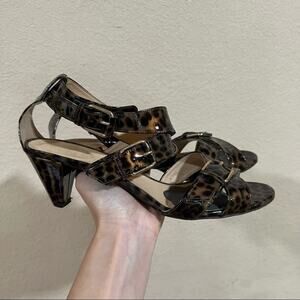 J. Crew Collection Patent leather leopard cheetah crossed buckle straps heels